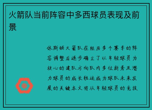 火箭队当前阵容中多西球员表现及前景